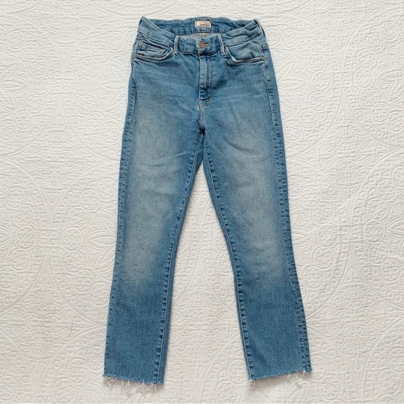 MOTHER High Waisted Looker Ankle Fray Jeans, Shoot to Thrill Wash w/ Leopard - Picture 4 of 10